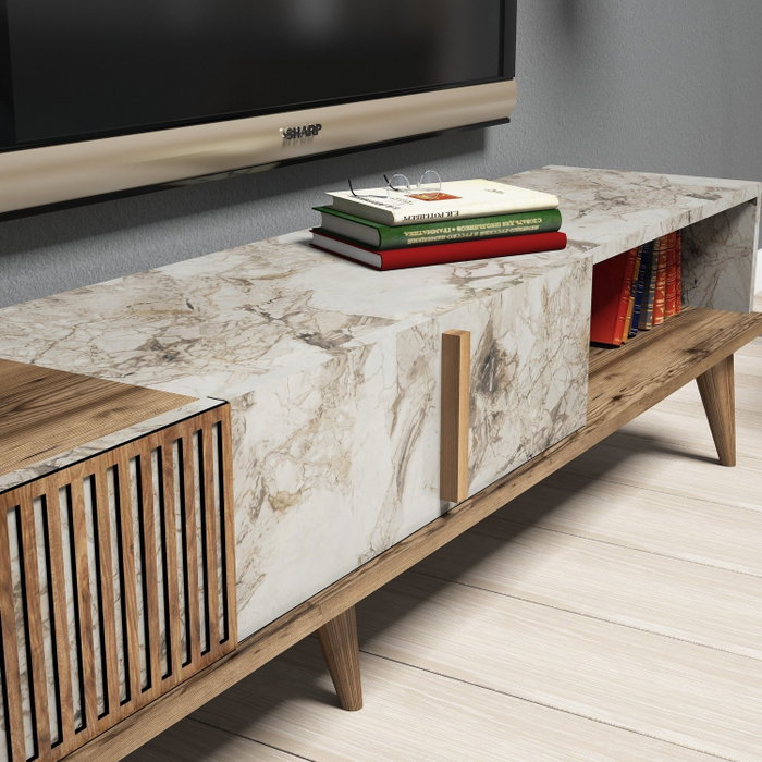 Hanah Home Milan - Unidad de TV Nogal y Blanco con Estanterías Hanah Home Milan - Unidad de TV Nogal y Blanco con Estanterías